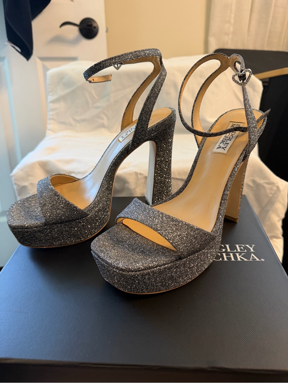 Badgley Mischka Silver Glitter Platform Heels with Ankle Strap